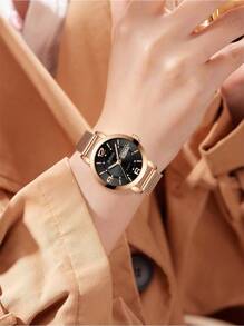 BIDEN BIDEN Fashionable Women's Quartz Watch, Waterproof Calendar Stainless Steel Mesh Strap, Elegant Women's Watch, Rose Gold Women's Clock