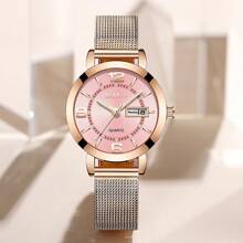 BIDEN BIDEN Fashionable Women's Quartz Watch, Waterproof Calendar Stainless Steel Mesh Strap, Elegant Women's Watch, Rose Gold Women's Clock