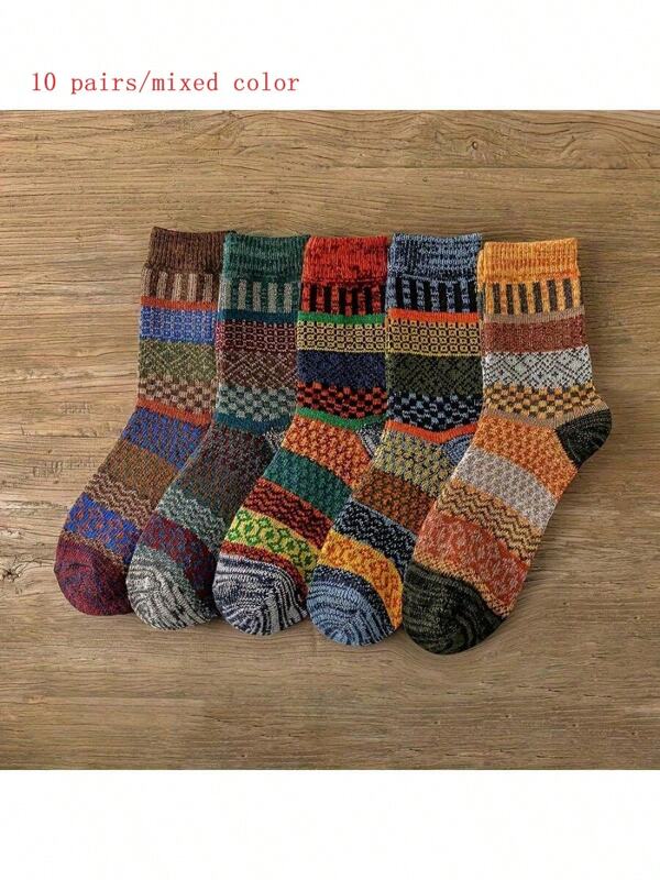 10 Pairs Of Women And Men's Retro Striped Mid Tube Socks, Comfortable And Thick Sports And Leisure Socks, Long Tube Socks, Suitable For Outdoor Daily Wear In Both Spring And Autumn For Men And Women
