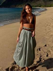 Women Casual Boho Drawstring Big Pockets Bohemian Loose Skirt, Vacation Outfits - 灰色 - 查看 1