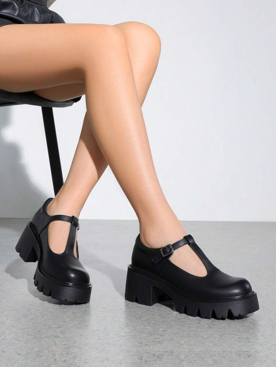 Women's Black T-Strap Mary Janes Platform Pumps Low Heel Chunky Round Toe Comfortable Y2K Party Prom Pumps Shoes - ĐEN/PU - Xem 1