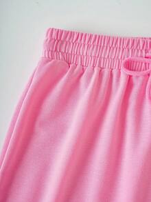3pcs Solid Color Elastic Waist Tie Loose Fit Sports Shorts & Lounge Pants - Pink - View 8