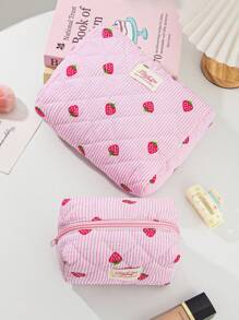 1 Piece Pink And White Color Matching Cosmetic Bag With Strawberry Pattern, Multifunctional Cosmetic Storage Bag Portable Cosmetic Brush Clutch With Zipper Closure, Ready For Lipstick, Brush, Skincare, Storage Box, Jewelry Storage Box, Lip Gloss Storage Box, Nail Polish Storage Box Cosmetic Bag, Holiday Essential Cosmetic Bag