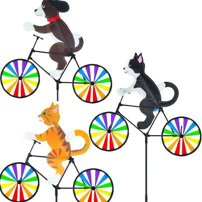1 件梦幻动物自行车风轮 - 生动的卡通猫骑自行车设计 - 耐用的塑料庭院装饰，适用于庭院和草坪 - 好玩的户外风车玩具，庭院装饰 | 卡通动物装饰 | 色彩缤纷的设计