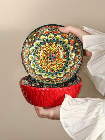 1 pieza Tazón de cerámica de alta calidad, disponible en naranja/rojo/azul/verde, apto para fideos, arroz y sopa