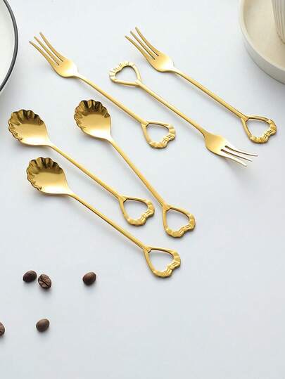 2pcs Stainless Steel Heart & Shell Shaped Dessert Spoon & Fork Set, Couple Heart Coffee Spoon, Valentine's Day Gift