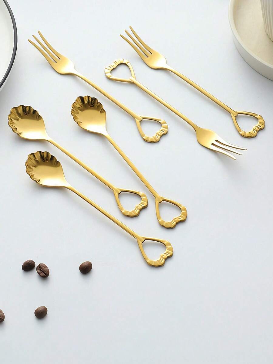 2pcs Stainless Steel Heart & Shell Shaped Dessert Spoon & Fork Set, Couple Heart Coffee Spoon, Valentine's Day Gift - Multicolor - View 1