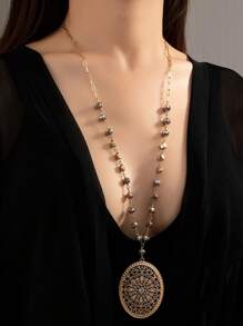 1pc Boho Zinc Alloy Rhinestone & Bead Decor Hollow Out Oval Charm Necklace For Women For Daily Decoration