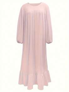 Damen einfarbiges muslimisches Modekleid mit Puffärmeln und Rüschensaum, Frühling/Herbst