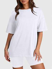 Speed mate [Spring/Summer] Women's 2-Piece Set: Comfortable Short Sleeve Crew Neck T-Shirt And Shorts For Everyday Style - White - View 2