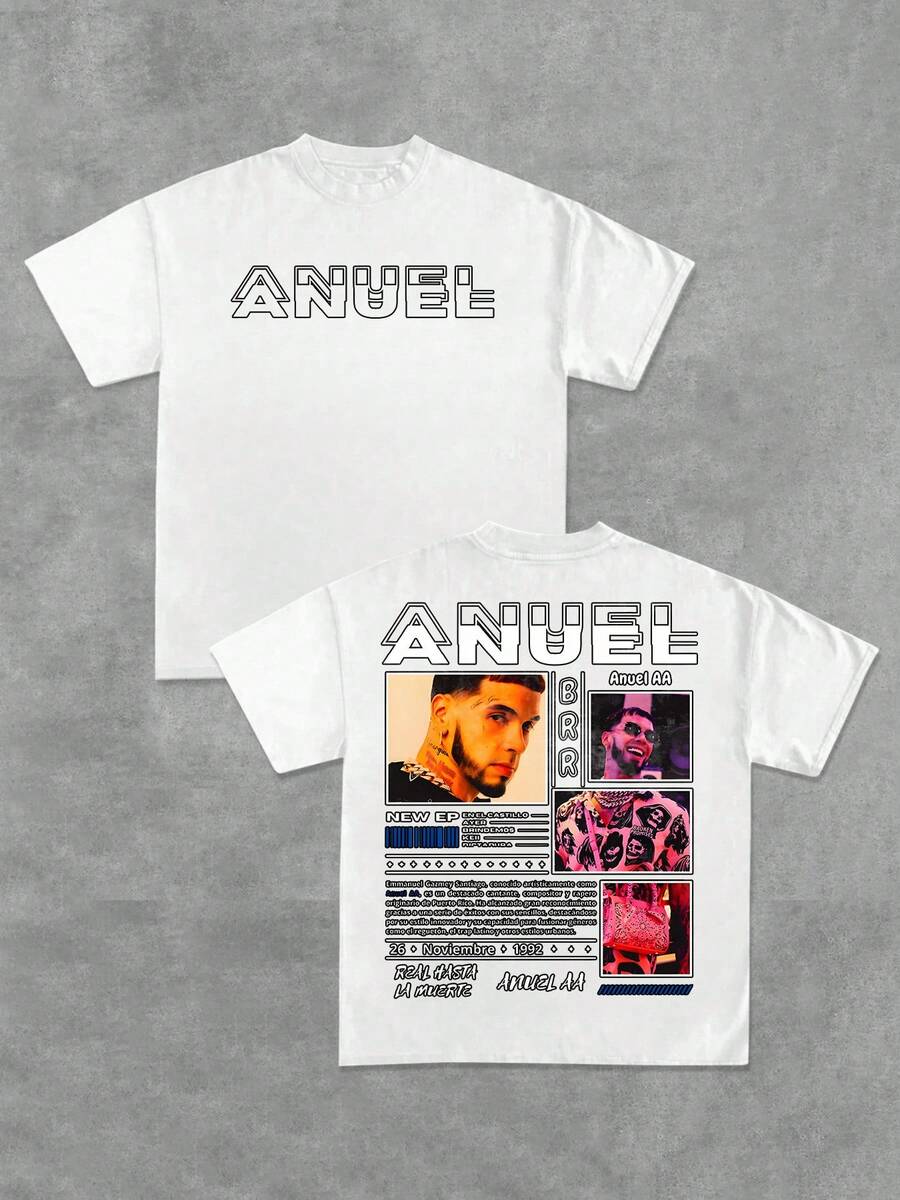 Camiseta estilo Anuel, parte delantera sencilla y detalles enriquecidos en la espalda, cuello redondo, manga corta, 100% algodón, 220 g de algodón grueso. - Blanco - Ver 1