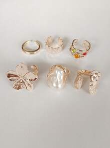 6pcs/Set Baroque Inspired Faux Pearl Flower Ring Set, Vintage Retro Bold Adjustable Cocktail Rings For Women