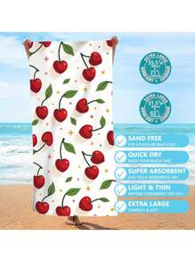 1pc Cherry Print Super Soft Microfiber Beach Towel - Quick Dry, Sand-Free, Lightweight & Highly Absorbent - Ideal For Swimming, Camping, Travel - Great Valentine's Day Gift, Travel Towel | Cherry Pattern Towel | Microfiber Material Summer Holiday Bathroom Decor Beach Essentials