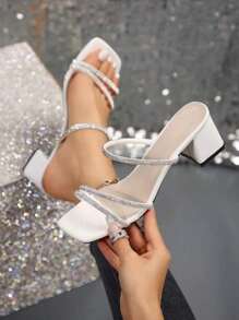 2025 New Women's Crystal Embellished Block Heel Open Toe Slide Sandals, Outdoor Party Mid Heel Slippers