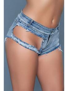 Women's Low Rise Ripped Denim Shorts With Extreme Cut-Out And Frayed Hem - 藍色 - 查看 2