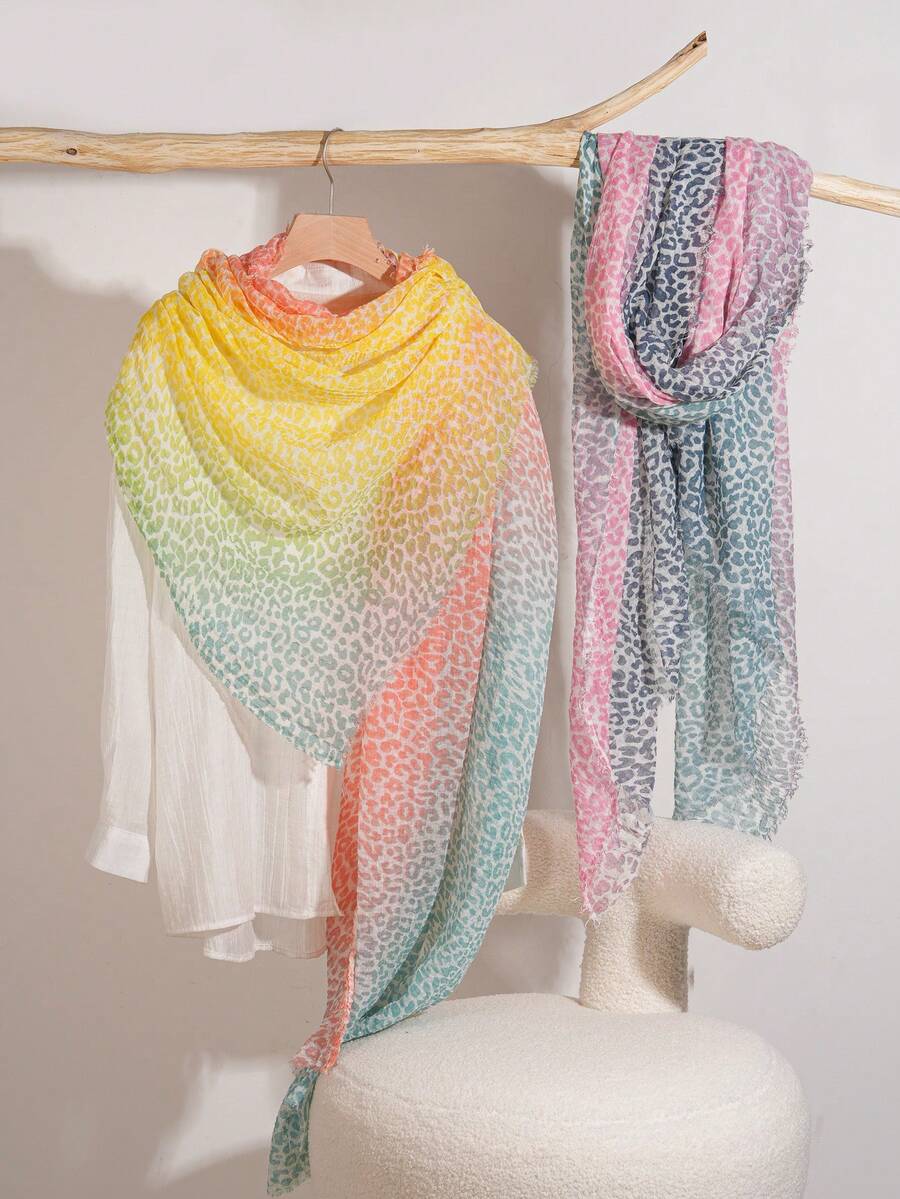 FADZOYLE 1pc Leopard Print Gradient Color Pattern Printed Boho Scarf Fashion Fringed Large Shawl And Wraps All Season Spring For Women Hijab Head Wrap Bandana Summer Beach Cover Up Sarong Turbans Soft Lightweight Scarves Fall Winter Daily Use Travel Gift For Dress - Scarf - View 1