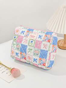 1 Piece Multi-Style Spliced Color Matching Cosmetic Bag With Bow Pattern, Girly Heart Design, Multifunctional Cosmetic Storage Bag,For Holiday Beach, Bathroom Collection, Bedroom Collection, Large Capacity