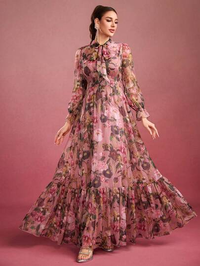 Vestido largo elegante con cuello de corbata, cintura ceñida, estampado de flores aleatorio y volantes para primavera y vacaciones