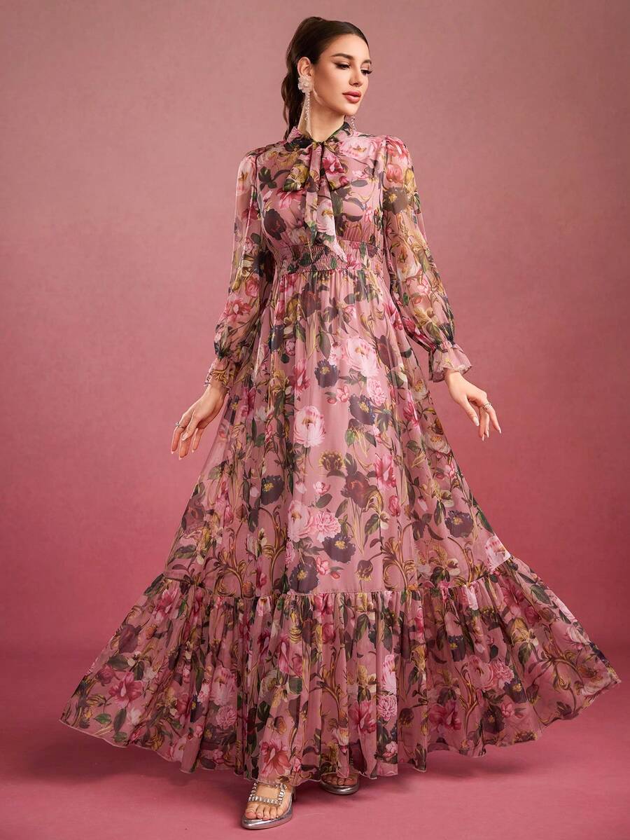 Women's Tie Neck, Cinched Waist, Random Flower Printed, Frill Trim Elegant Long Dress Spring Vacation - Dusty Pink - View 1