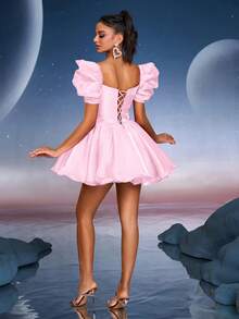 Vestido de fiesta con mangas abullonadas, adecuado para festivales de música, graduaciones, homecomings, fiestas y eventos de cóctel - Rosa - Ver 3