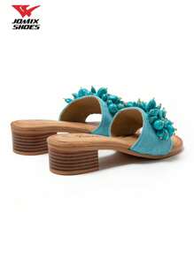 JOMIX Ciabatte con tacco basso da donna con sandali con tacco basso alla moda, in pelle con decorazioni in pietre preziose, lucide, alla moda, comode e leggere, adatte per l'abbinamento estivo.