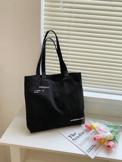 1 Stück große Kapazität Leinwand Shopper Tasche, einfarbig, lässig, leicht, für den täglichen Gebrauch, strapazierfähig, mit Buchstaben-Aufdruck, leicht tragbar, Leinwand Tasche, Einkaufstasche, Strandtasche, Reisetasche für Jungen & Mädchen & Studenten für Outdoor/Ausflüge/Reisen/Wandern/Stadion/Sport