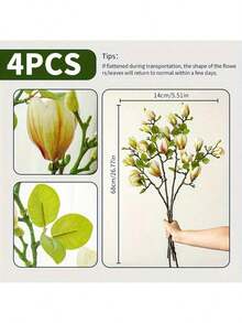 1支/2支/4支装，1支四头，现代简约欧式人造玉兰花枝，长68厘米，塑料材质，不掉毛，适合室内外家居装饰，可用于各种桌面、办公桌、场景布置、花瓶、卧室、客厅、厨房、壁炉旁、书房、玄关、阳台、窗户、推拉门等。家居装饰、返校季房间装饰、学习用品。