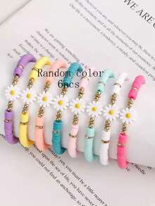 6pcs Cute Daisy Polymer Clay Elastic Bracelet Set, Floral Elastic Jewelry With Customizable Colors, Adorable Theme For 3-14 Years Old, No Metal Plating, Holiday & Birthday Gift Set - Classic Style Handmade Bracelet, Everyday Wear Jewelry Accessory Gift For Friends