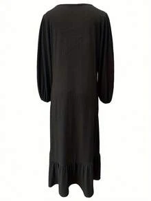Women's Solid Color Fashionable Petal Sleeve Ruffle Hem Dress Black - Black - View 4