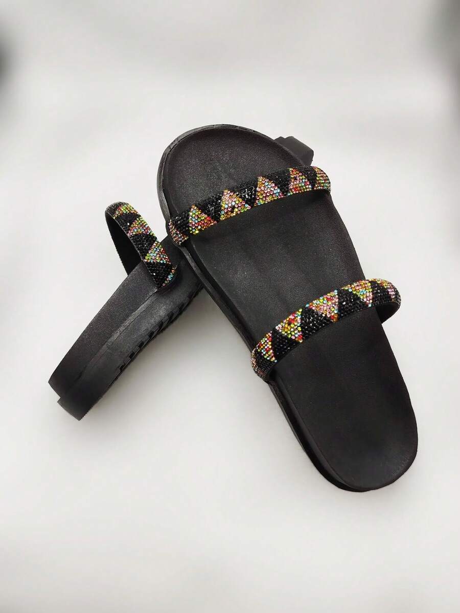 Women's Flat Sandal Rhinestone Straps Shiny Two In One Comfortable Adjuster - Glossy Black 2 - View 1