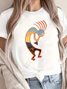 Camiseta blanca para mujer con estampado de estilo nativo americano ,220 g/m², nueva camiseta informal de verano de algodón con cuello redondo y manga corta (1 unidad) - Blanco - Ver 1