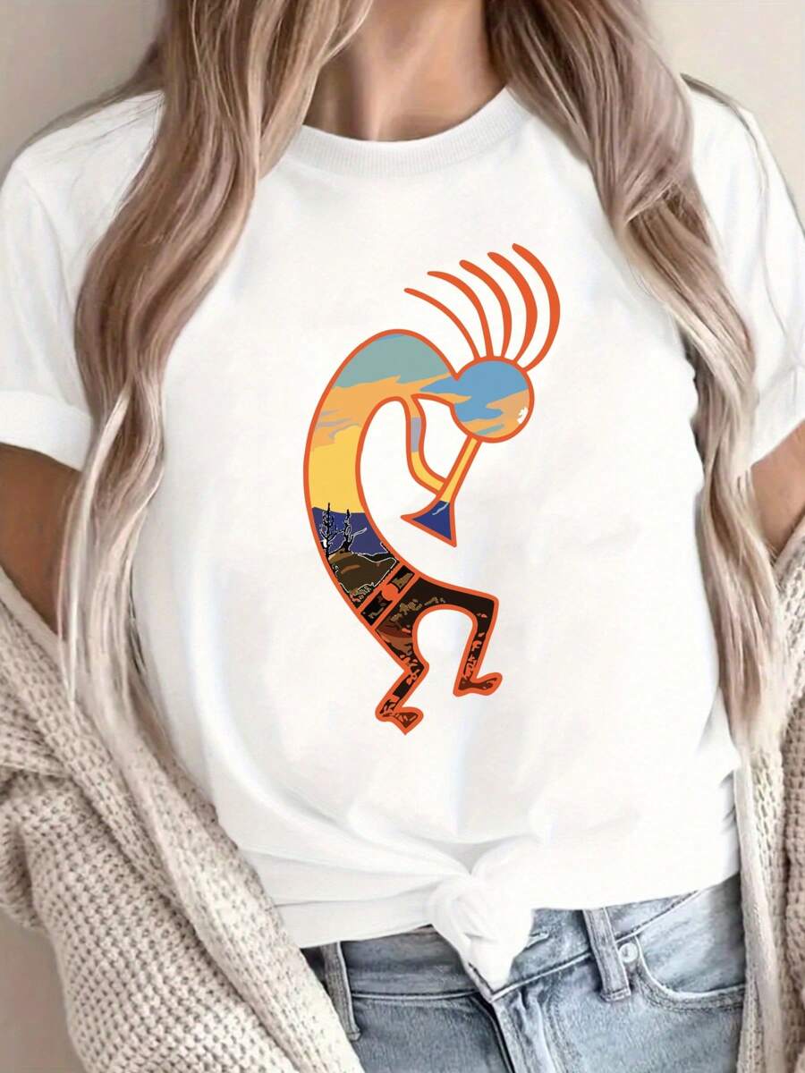 Camiseta blanca para mujer con estampado de estilo nativo americano ,220 g/m², nueva camiseta informal de verano de algodón con cuello redondo y manga corta (1 unidad) - Blanco - Ver 1