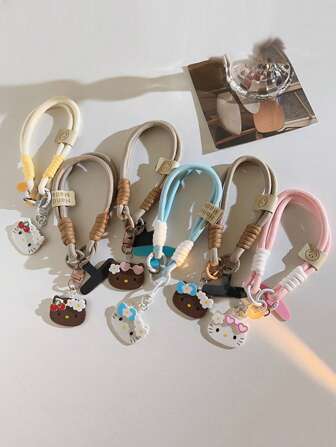 Sanrio 编织短款手机壳挂绳，女生蝴蝶结白猫吊坠钥匙扣，手拿腕带，通用