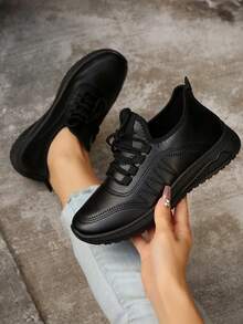 Women Round Toe Lace-Up Casual Athletic Sneakers, Comfortable Plain Color, Suitable For All Seasons - Black - View 5
