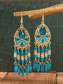 一对波西米亚风格的复古泪珠流苏种子珠耳环，适合女士佩戴，非常适合节日狂欢