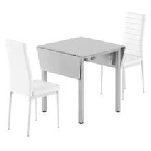 Dining Table And Set Of 2 Chairs, Grey Drop Leaf Kitchen Table With White PU Leather High Back Chair - Grey Table & 2 White Chairs - View 12
