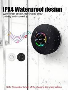 Altavoz inalámbrico para ducha a prueba de agua con Bluetooth 5.0, altavoz inalámbrico para baño a prueba de agua, carcasa impermeable, iluminación RGB con luces de ambiente de arcoíris, alta calidad de sonido, micrófono para responder llamadas, larga duración de la batería (400mAh), respuesta al ritmo, gran ventosa para montaje en pared, soporte dual para teléfono, compacto y portátil, textura amigable con la piel