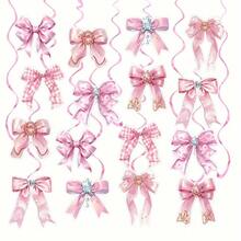 10pcs/Set Bow Theme Decoration Set - Pink Birthday Pull Flag Banner + Bow Spiral Hanging Decor, Suitable For Birthday Party, Theme Party, Anniversary, Engagement, Home Bedroom Decoration