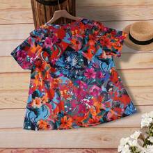 Women's Floral Print V-Neck Ruffle Hem Short Sleeve T-Shirt, Fashionable Summer Pullover Top - Multicolor - View 5