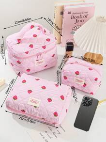 1 Piece Pink And White Color Matching Cosmetic Bag With Strawberry Pattern, Multifunctional Cosmetic Storage Bag Portable Cosmetic Brush Clutch With Zipper Closure, Ready For Lipstick, Brush, Skincare, Storage Box, Jewelry Storage Box, Lip Gloss Storage Box, Nail Polish Storage Box Cosmetic Bag, Holiday Essential Cosmetic Bag