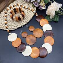 4pcs/2pcs Set Bohemian Vintage Wooden Disc Earrings, Necklace, Bracelet Jewelry Set, Hypoallergenic Holiday Accessories, Fashion Daily Wear Gift For Women