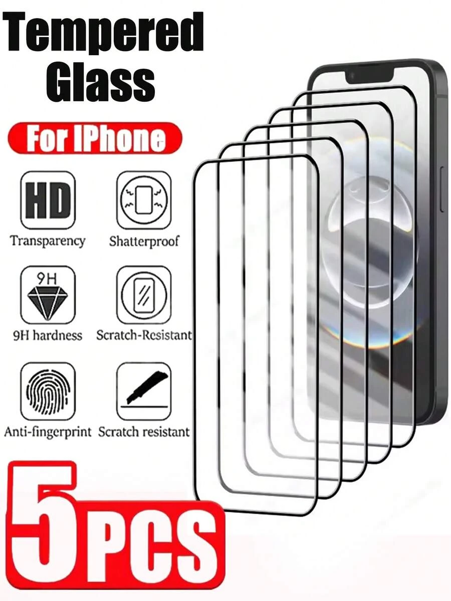 5 片钢化玻璃适用于 iPhone14 13 12 11 15 16Pro XR XS Max 屏幕保护膜适用于 iPhone6 7 8Plus 全覆盖保护玻璃膜 - 無色 - 查看 1
