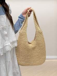 Handmade Straw Knitted Tote Bags For Women Spacious Shoulder Bag Fashion Bohemian Handbag For Beach Vacation - 杏色 - 查看 3