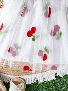 2pcs Baby Girls Summer Outfit Set: Ruffle Cap Sleeve Shirt And Sleeveless Strawberry Print Butterfly Tulle Skirt,Casual & Cute For Outdoor