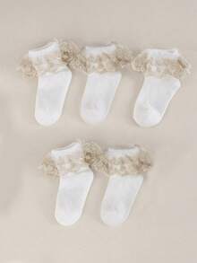 5 Pairs Lace & Gold Trim White Socks, Fashionable & Versatile, Princess Style Sweet Girls Kids Socks, Elegant - White - View 10