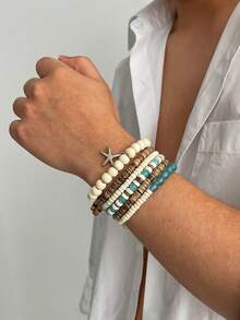 2/5/6/7/9pcs Bohemian Style Starfish Shell Wood Bead Bracelets, Multi-Layer Elastic Bracelets, Summer Beach Accessories - Color Mixing - View 15