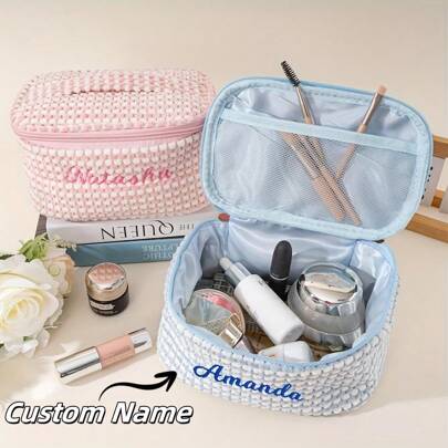 Personalized Corduroy Cosmetic Bag, Customizable Name Embroidered Women's Storage Pouch, Portable Travel Makeup Bag, Cute Customized Toiletry Bag, DIY Name Lady's Elegant Cosmetic Pouch, Gift For Girlfriend Makeup Case, Customized Ladies' Souvenir, Bride Wedding Makeup Bag With Embroidered Letters
