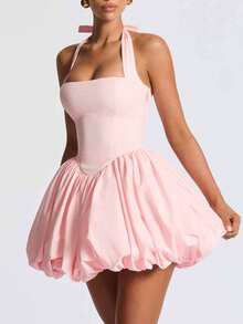 Women Sleeveless Halter Dress Summer Casual Tie Up Backless Corset Bubble Party Dress For Beach Club Streetwear - 粉色 - 查看 3