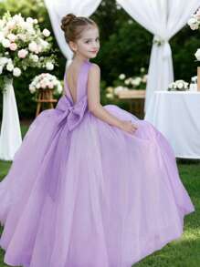 Robe de soirée élégante pour préadolescentes en tulle avec nœud et faux perles, convient pour les mariages, les bals, les anniversaires, les mariées, les remises de diplômes, l'été