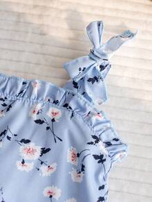 Conjunto de 2 peças para recém-nascidas: macacão estiloso e fofo com estampa floral + chapéu, ideal para o verão. - Baby Azul - Ver 5